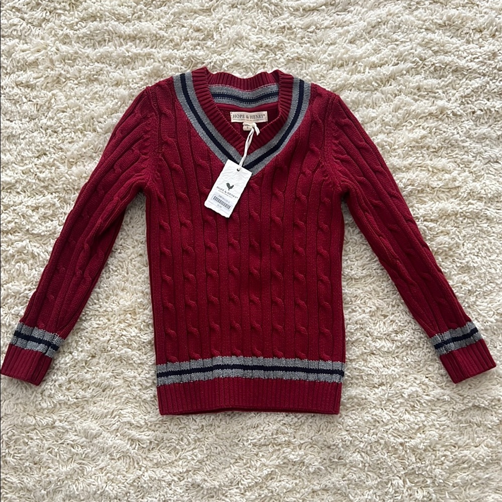 Red and Gray V-Neck Cable Knit Sweater